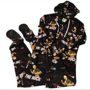 Mens WWE The Rock Fleece Adult Footed Pajamas Small One Piece Hooded Wrestling